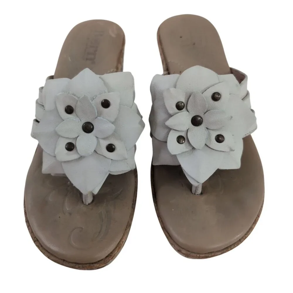 Born Sandal Womens 6 Beige Wedge Platform Slip On‎ Cork Flower Boho Chic